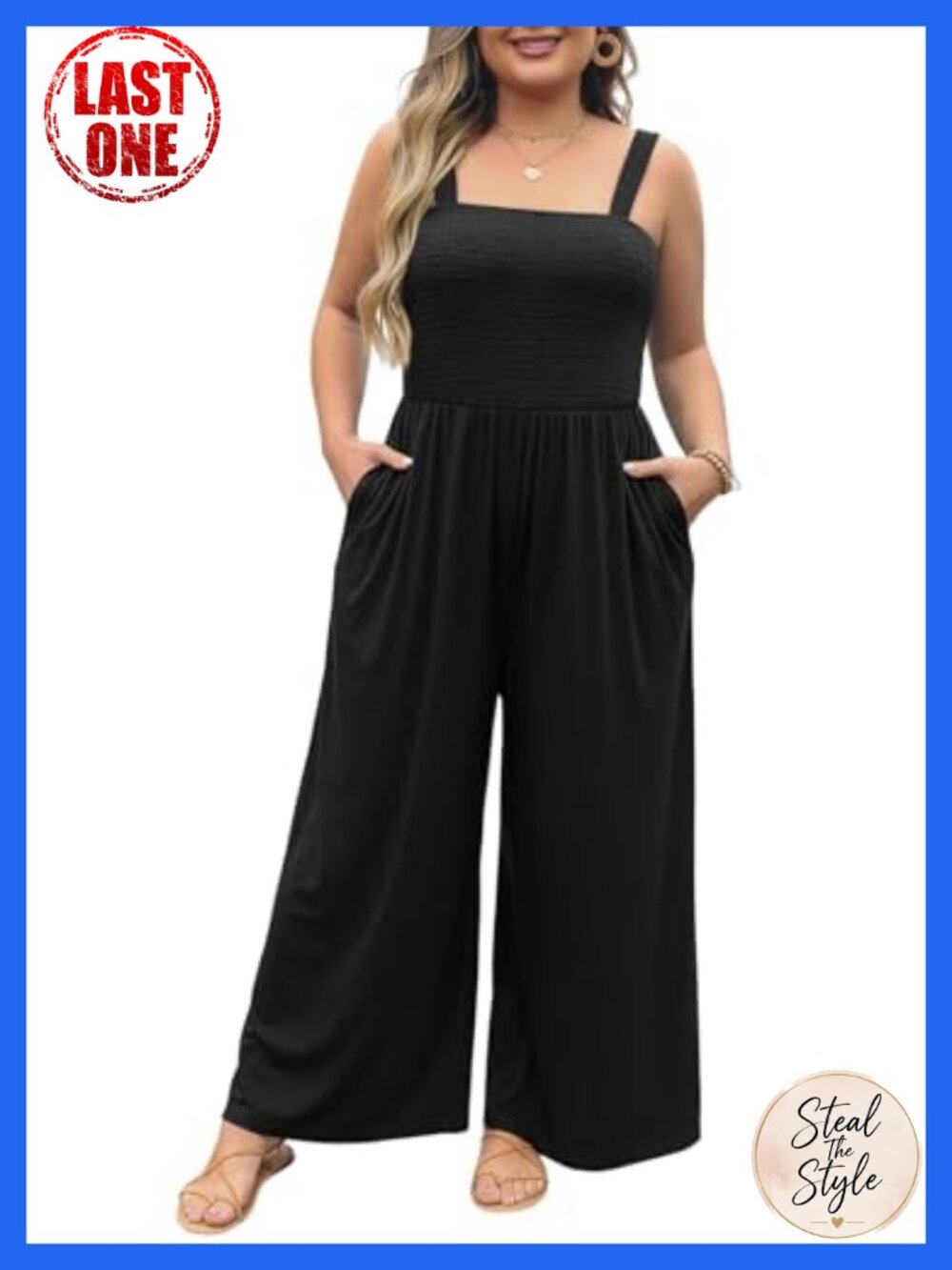 Plus Size Wide Leg Jumpsuit Sleeveless Smocked Romper Pockets